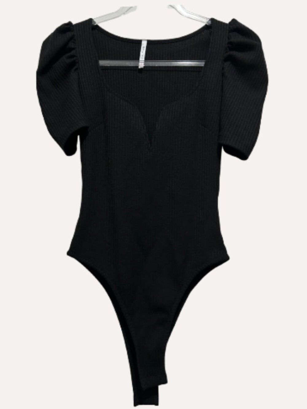 Nothing But Sexy Black Ribbed Puff‑Sleeve Bodysuit – Size M